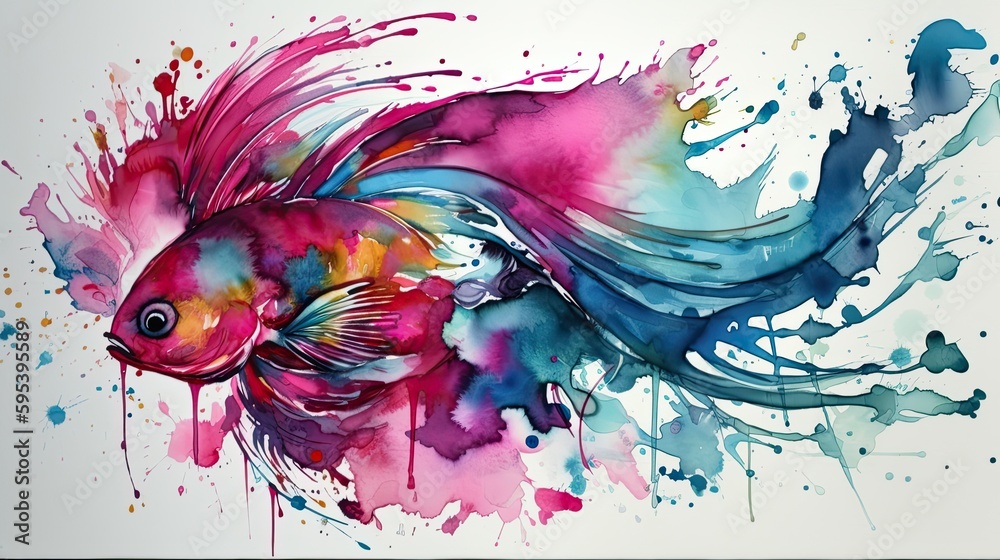 alcohol ink drawing of colorful betta fish - generative AI 