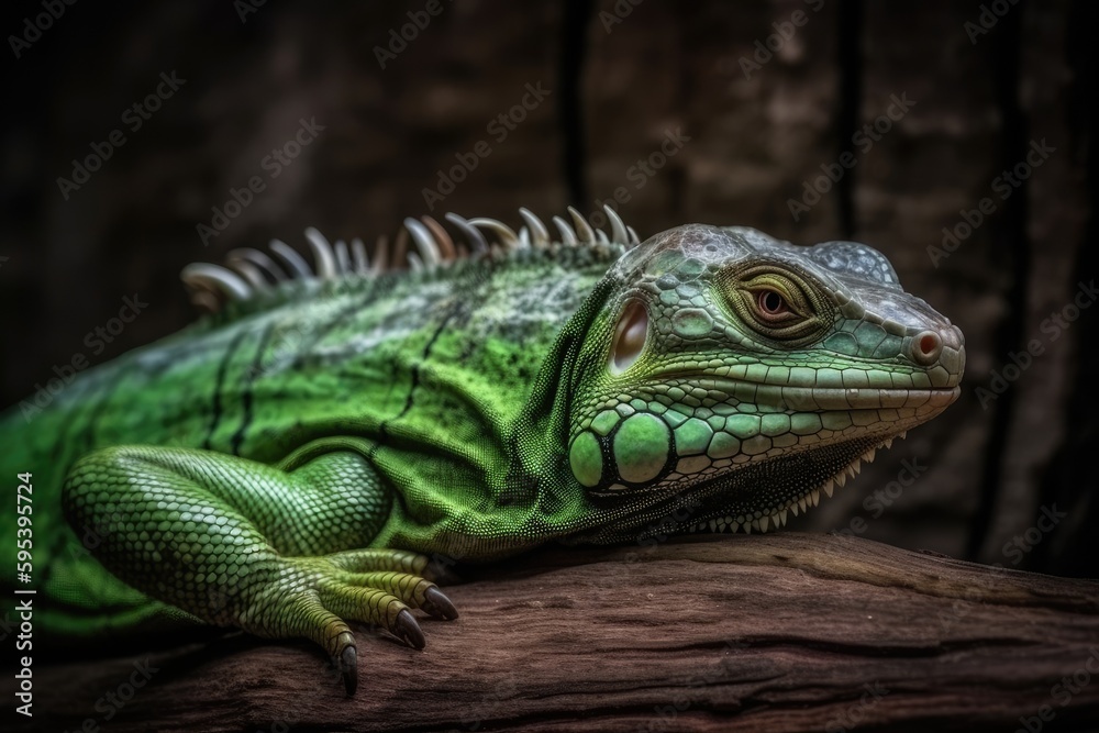 green lizard perched on a tree branch. Generative AI green lizard perched on a tree branch. Generative AI