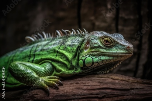 green lizard perched on a tree branch. Generative AI © 2rogan
