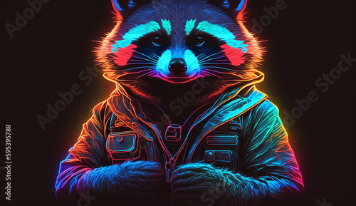 Raccoon poloskun protect neon AI Generated illustration Well Photo using in commercial purposes, print media, any type of design projects. photo