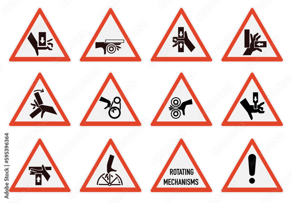 Set of ISO warning signs: hand crushing force. Be attentive. Hand chewing. Hand mutilation. EPS 10.
Set of ISO warning signs: hand crushing force. Be attentive. Hand chewing. Hand mutilation. EPS 10.