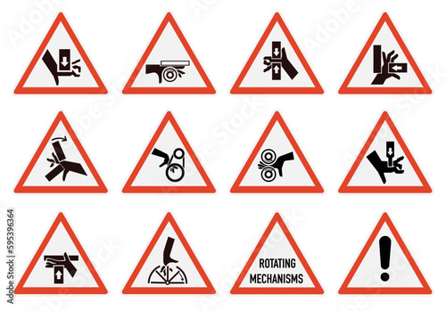 
Set of ISO warning signs: hand crushing force. Be attentive. Hand chewing. Hand mutilation. EPS 10.