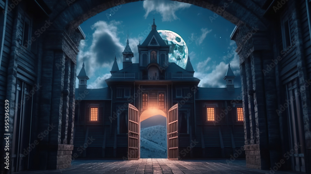 Dark academia style, boarding school in dark gothic castle, entrance gates with dark night and full moon behind, AI generative