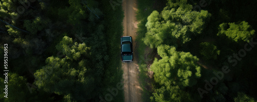 Aerial shot of a red car driving on a forest road, showcasing the beauty of nature from above. Top-down view captured by a drone. Travel and exploration concept. is AI Generative.