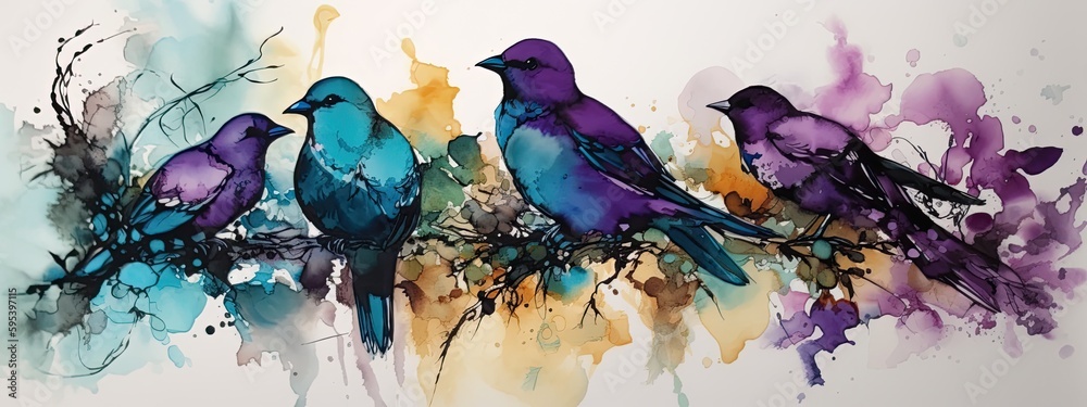 alcohol ink images of colorful birds - Generative AI 