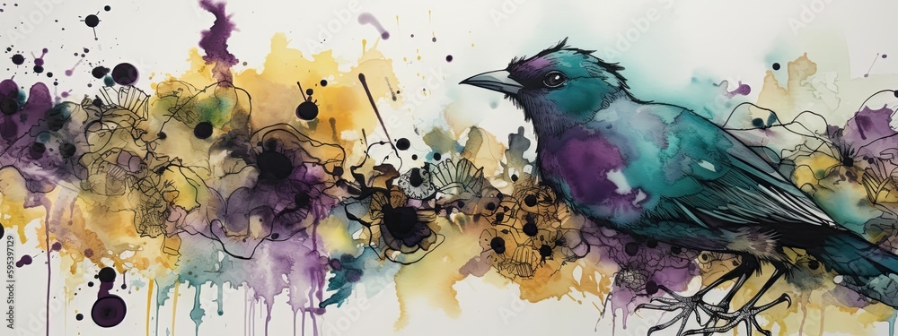 alcohol ink images of colorful birds - Generative AI 