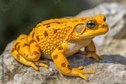 yellow frog perched on a rocky surface. Generative AI © 2rogan