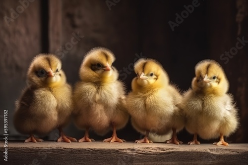 adorable yellow baby chicks sitting together in a row. Generative AI