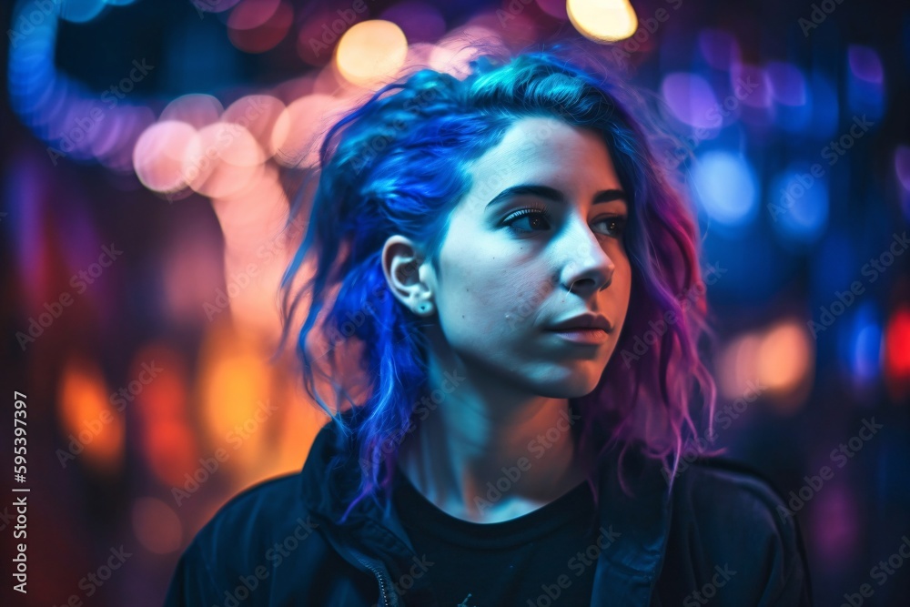 young woman with colorful colored hair looks to the side created with Generative AI technology