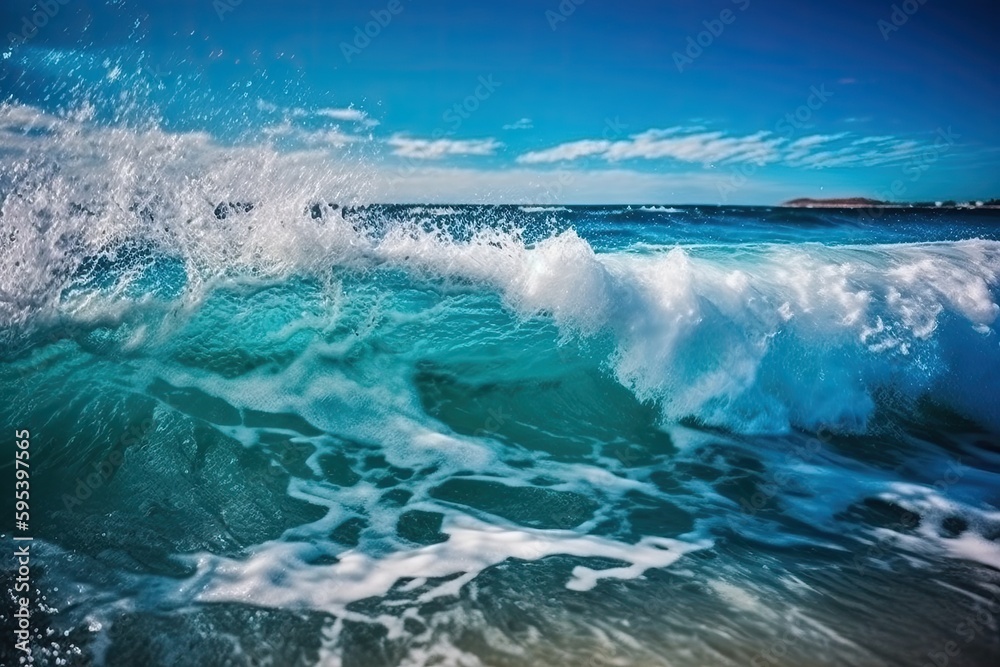 massive ocean wave crashing onto a sandy beach. Generative AI