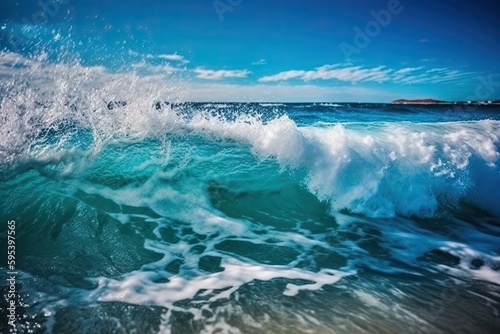 massive ocean wave crashing onto a sandy beach. Generative AI © 2rogan