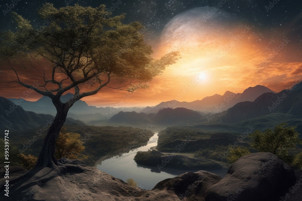 A celestial landscape with a foreground tree, background mountains, river, and planetary sky. Generative AI
