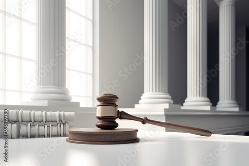 3D rendered courthouse and gavel on white background. Generative AI