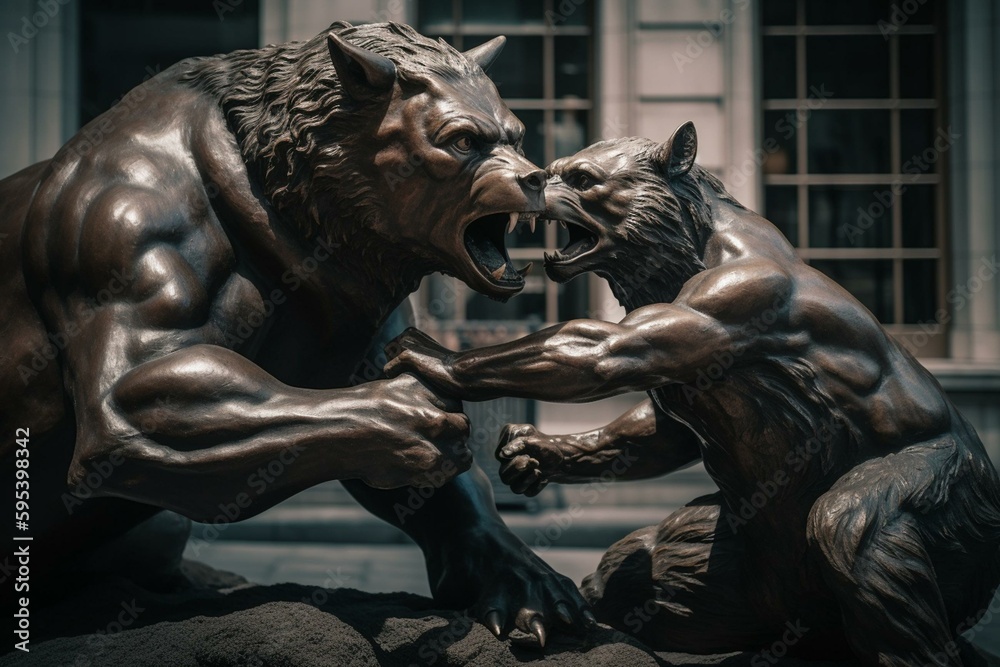 Sculpture of bear and bull wrestling on Wall Street, NYC. Depicts stock