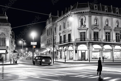 nocturnal urban landscape in black and white. Generative AI © 2rogan