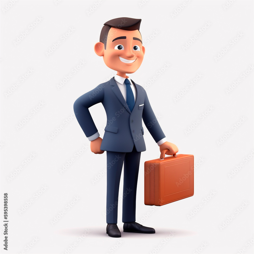 smiling business man holding briefcase isolated on white background. 3D cartoon style. AI generated smiling business man holding briefcase isolated on white background. 3D cartoon style. AI generated