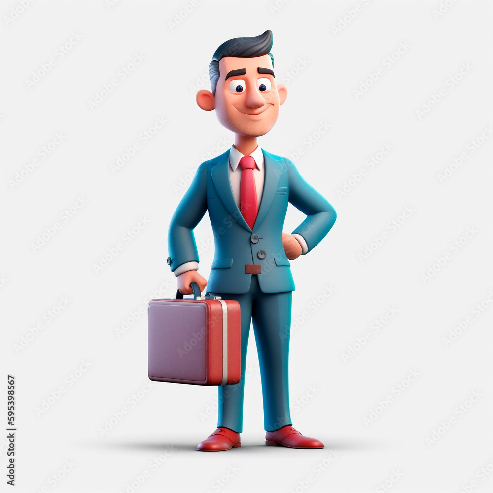 smiling business man holding briefcase isolated on white background. 3D cartoon style. AI generated smiling business man holding briefcase isolated on white background. 3D cartoon style. AI generated