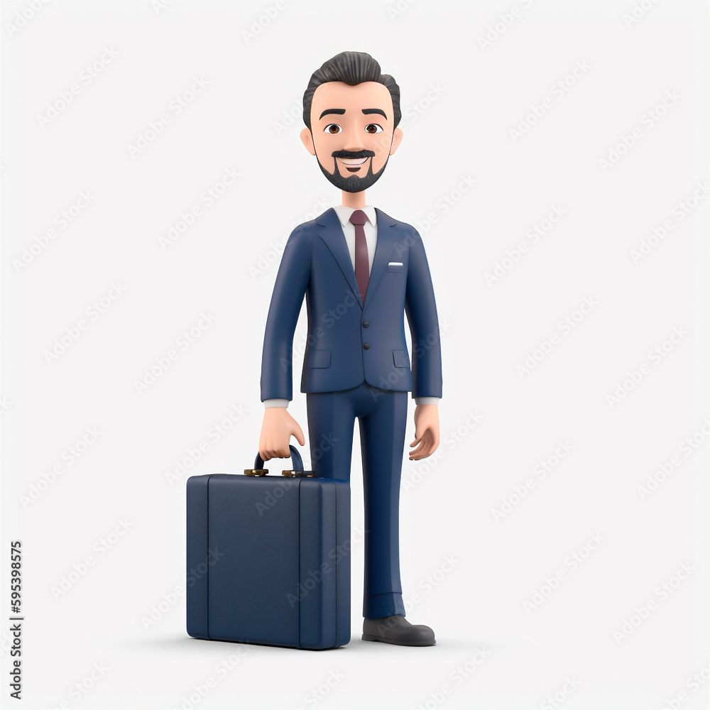 smiling business man holding briefcase isolated on white background. 3D cartoon style. AI generated smiling business man holding briefcase isolated on white background. 3D cartoon style. AI generated