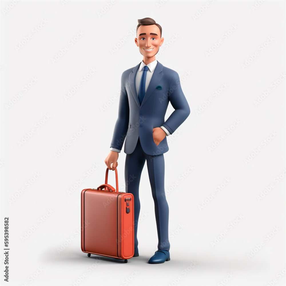 smiling business man holding briefcase isolated on white background. 3D cartoon style. AI generated smiling business man holding briefcase isolated on white background. 3D cartoon style. AI generated