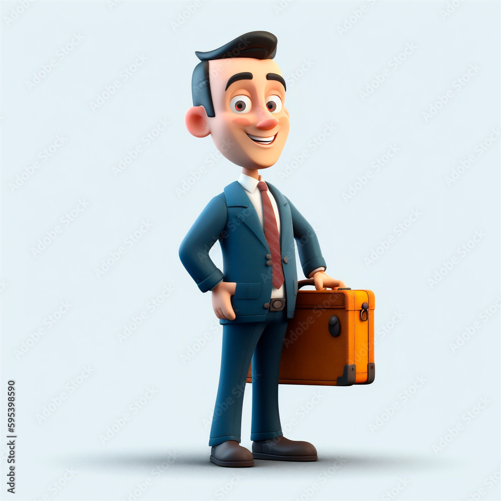 smiling business man holding briefcase isolated on white background. 3D cartoon style. AI generated smiling business man holding briefcase isolated on white background. 3D cartoon style. AI generated