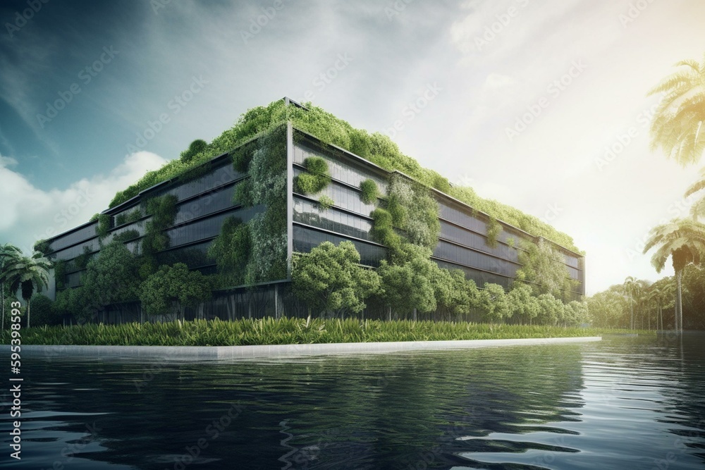 3D art of modern green buildings on tropical riverbank. AI generated ...