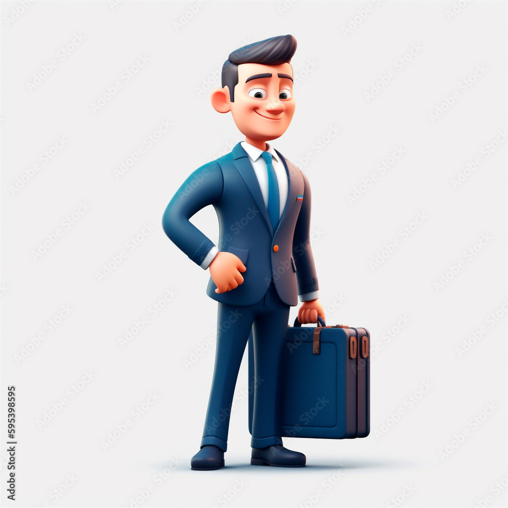 smiling business man holding briefcase isolated on white background. 3D cartoon style. AI generated
