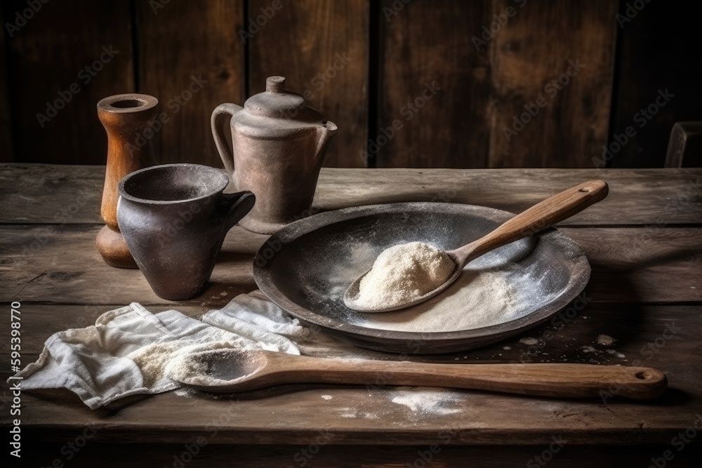 rustic wooden table adorned with a hearty meal in a metal pan. Generative AI rustic wooden table adorned with a hearty meal in a metal pan. Generative AI