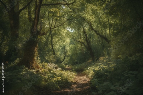 Lush woodland packed with abundant trees and wildlife. Generative AI © Anika