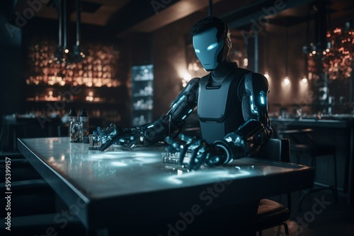 A robotic waiter in a restaurant that operates through AI and 5G tech. Generative AI