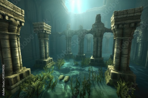 an Underwater World with Ancient Columns and Lush Seaweed. Generative AI
