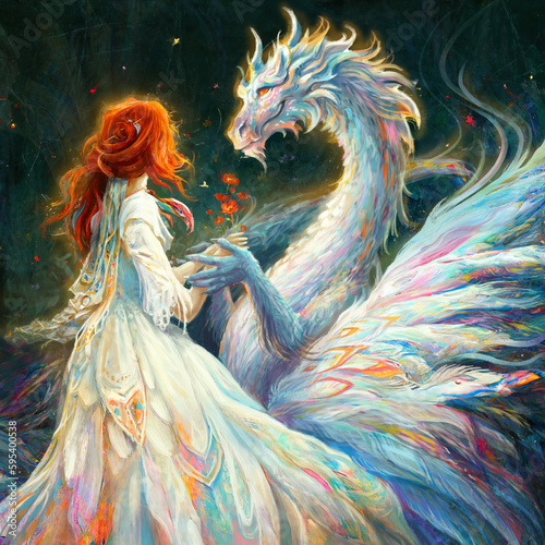 a red-haired girl and a charming feathered dragon