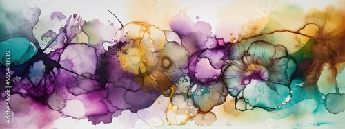 alcohol ink painting of colorful African Violet flowers in a wide border - Generative AI  photo