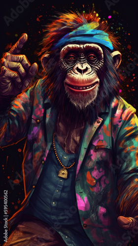 Digital Painting eines fröhlichen funky Affen im Party Outfit. Hochformat. Generative Ai. © Michael