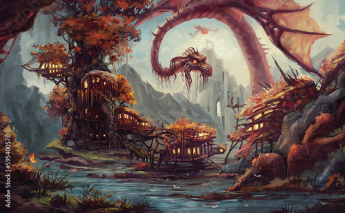 a snake-like giant dragon above a forest village in a swamp
