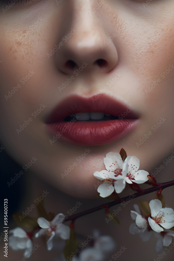 Close up lips, clean skin, make up cosmetic, spring concept, generative ai. Close up lips, clean skin, make up cosmetic, spring concept, generative ai.
