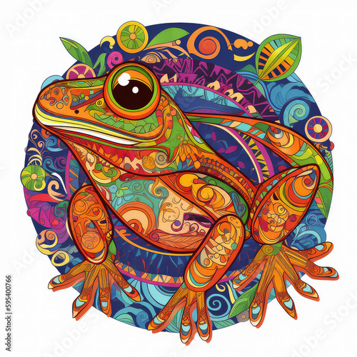 Colorful whimsical frog mandala art on a white background. Created with Generative AI technology. 