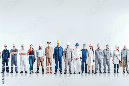 Group of people of different professions, male and woman professions, equality at work. People in their typical work uniforms. Generative ai. photo