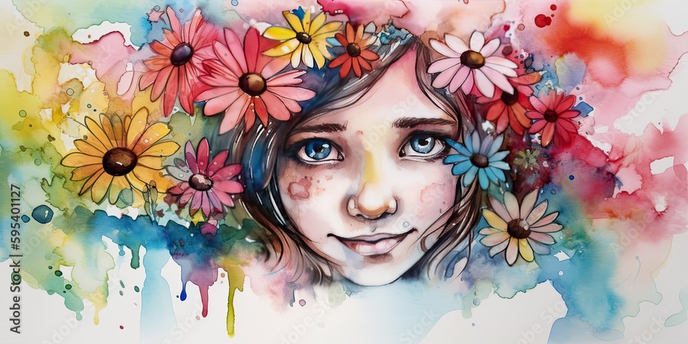 Alcohol ink drawing of a little girl playing in colorful daisies large border - Generative AI