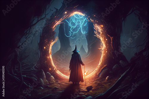 Magic wizard summoning a portal in forest at night. The greater Portal showing a new world. Mystical witch concept. High quality illustration