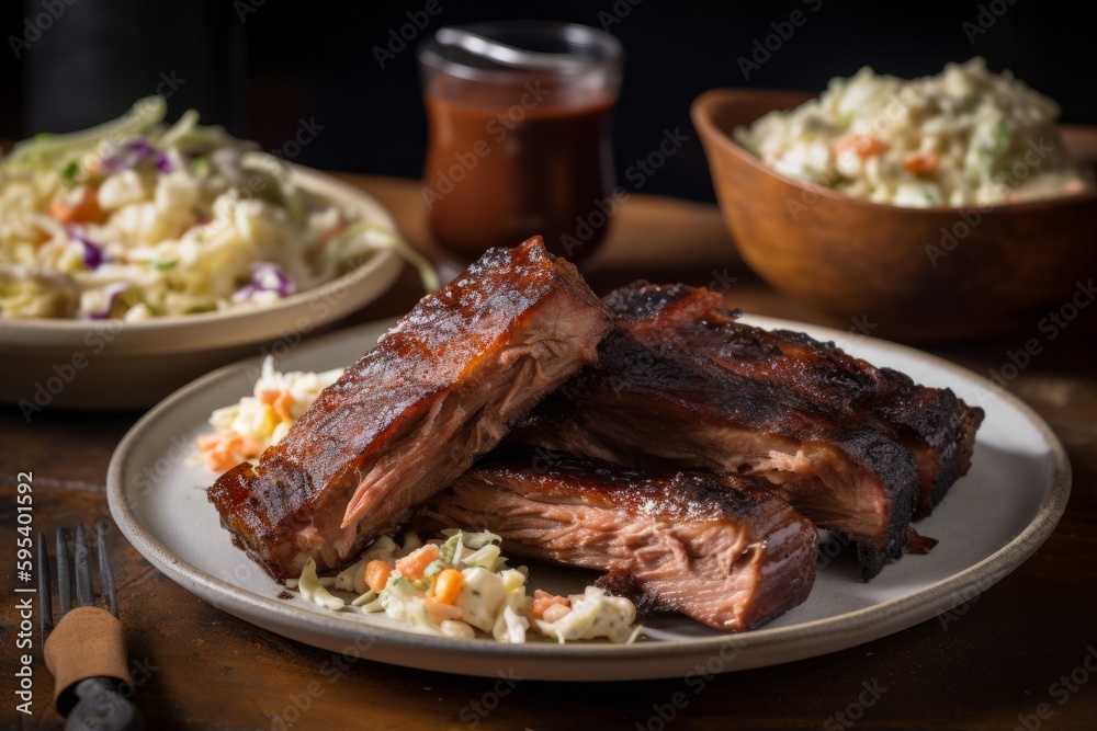 Plate of BBQ ribs with a side of cornbread and coleslaw. Close-up shots to highlight the texture and juiciness of the ribs. Generative AI