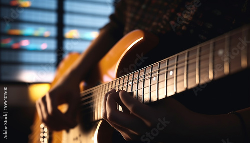 Guitarist fingers pluck strings, igniting the crowd generated by AI