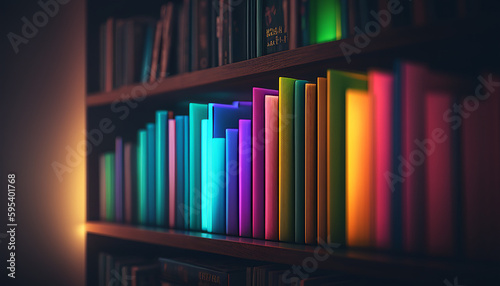 Brightly illuminated bookshelf displays colorful collection of literature generated by AI