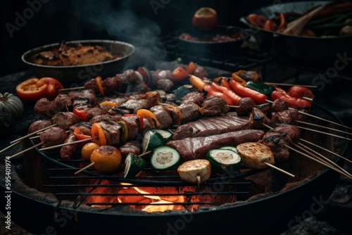 Image of a grill with hot coals and a variety of meats and vegetables cooking on top. Generative AI