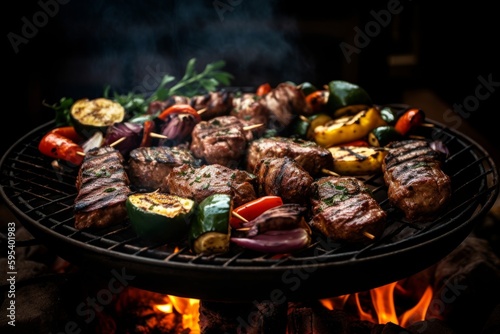 Image of a grill with hot coals and a variety of meats and vegetables cooking on top. Generative AI