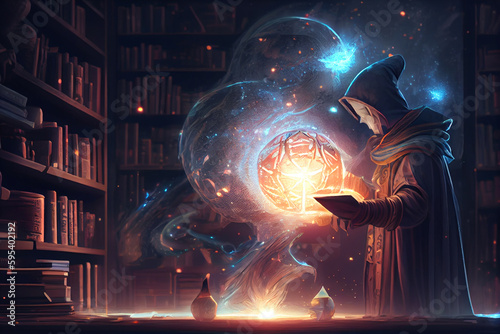 Young sorcerer reaching out to a glowing ball. Man with a luminous ball in his hands. High quality illustration