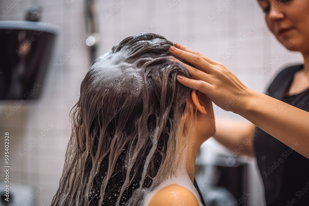 Naklejka premium Woman washing a client's hair in hair salon. Professional hairdresser styling women hair. Generative AI