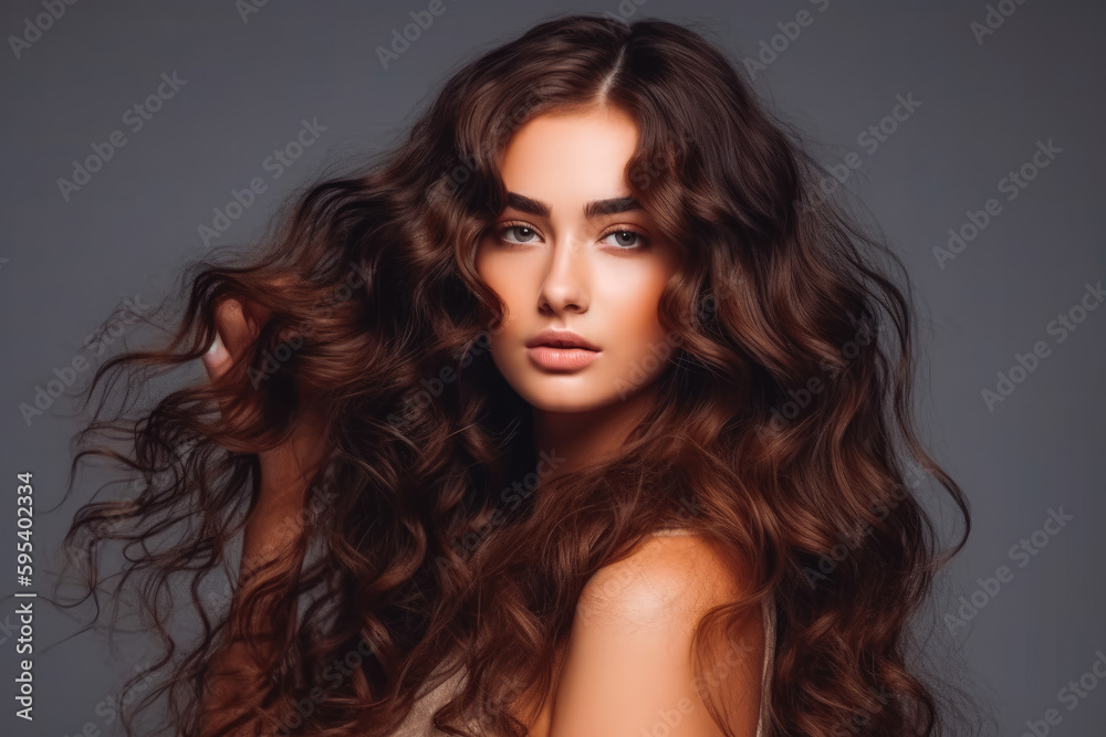 Fototapeta premium Brunette girl with long and shiny wavy hair. Portrait of beautiful young brunette woman in studio with grey background. Generative AI.