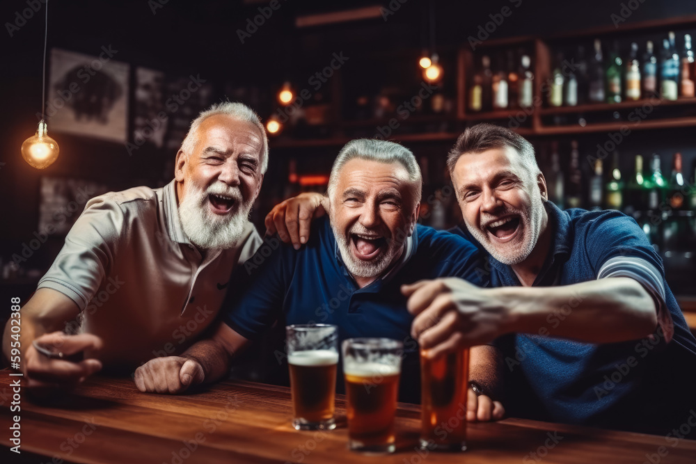 Cheerful old friends having fun watching football sport game and celebrating. Drinking beer in a bar and cheering. Generative AI.