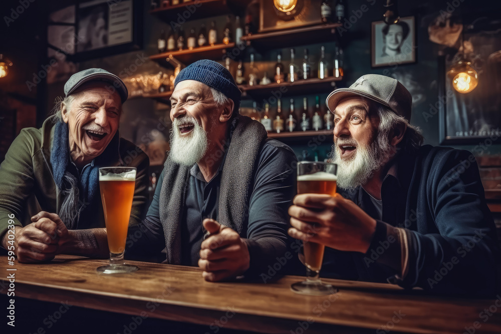 Cheerful old friends having fun watching football sport game and celebrating. Drinking beer in a bar and cheering. Generative AI.