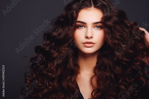 Brunette girl with long and shiny wavy hair. Portrait of beautiful young brunette woman in studio with grey background. Generative AI.